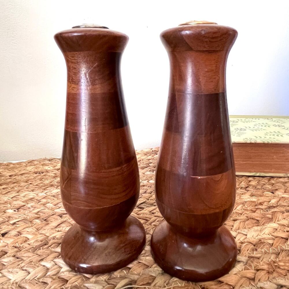 Vintage Mid Century Modern Tapered Wood Salt Pepper Shakers Pedestal Base 6"Tall